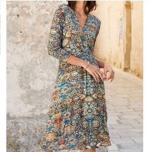 Peruvian Connection Malta Floral V-Neck Long Sleeve Dress Size Small